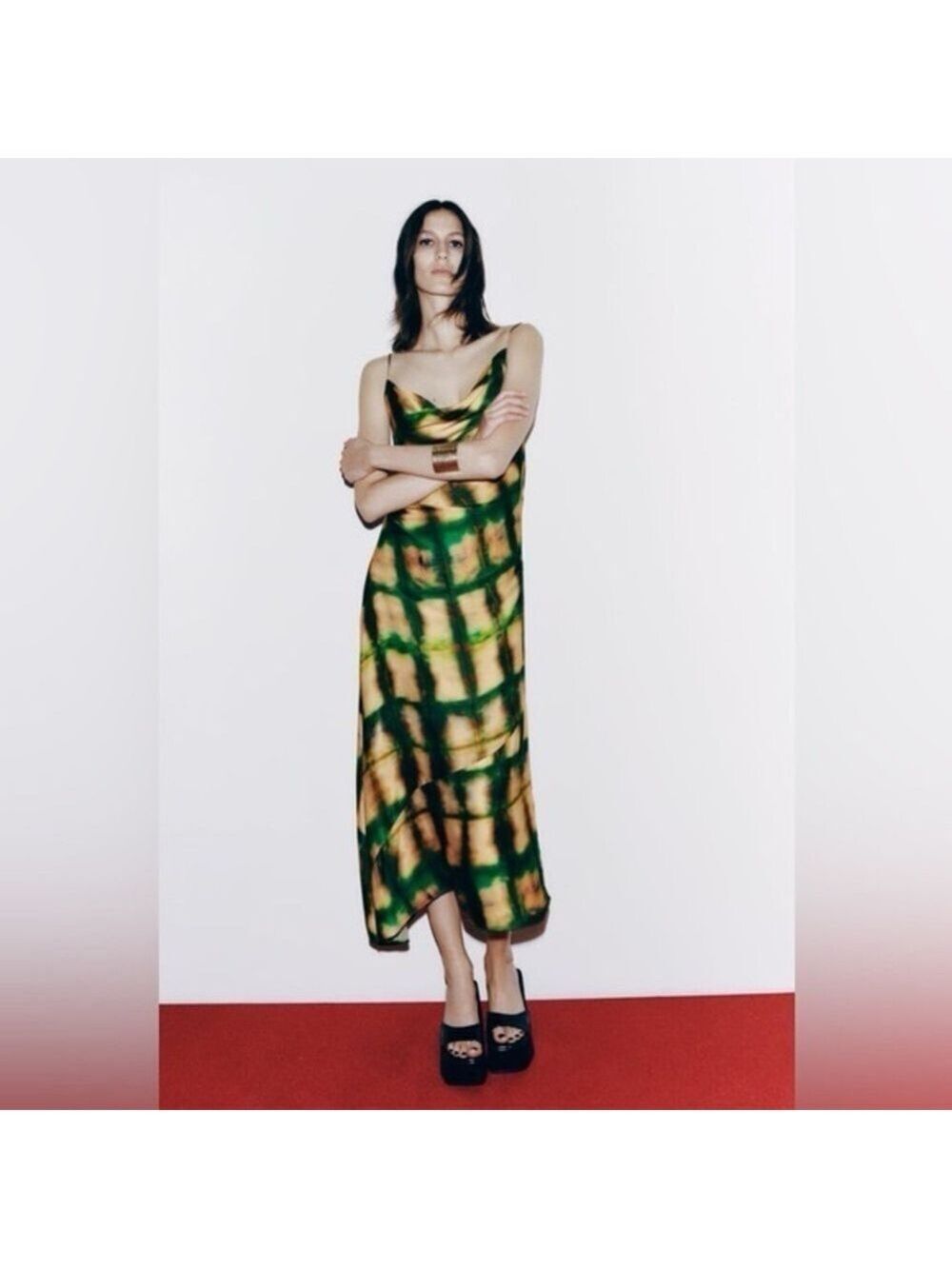 Zara Green and Yellow Satin Midi Dress